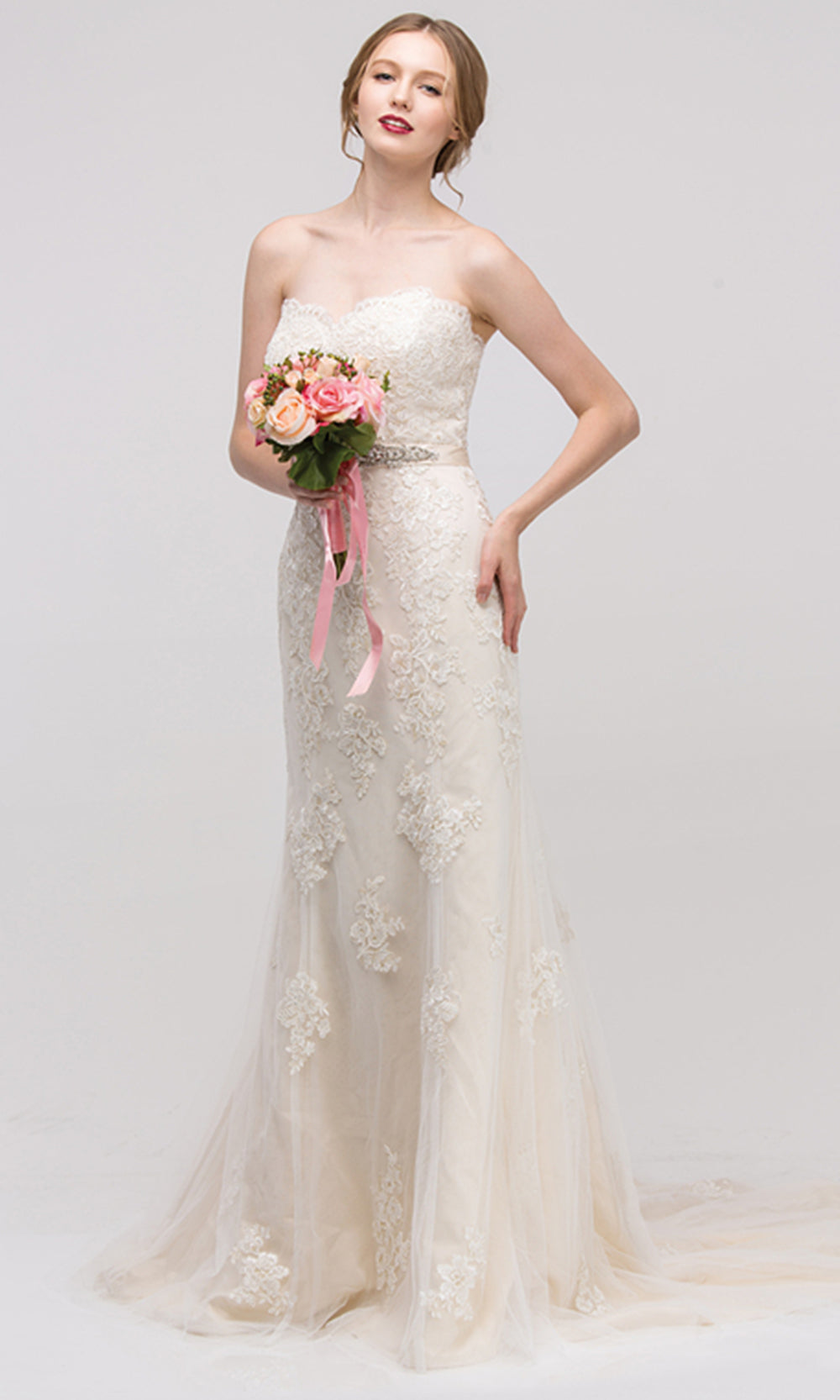 Eureka Fashion 6501 - Long Tulle With Lace Trumpet Dress - Strapless, Floral Lace Appliques, Sweeping Train, Belted Waist, Scalloped Trim ADASA Eureka Fashion 6501 - Long Tulle With Lace Trumpet Dress - Strapless, Floral Lace Appliques, Sweeping Train, Belted Waist, Scalloped Trim ADASA