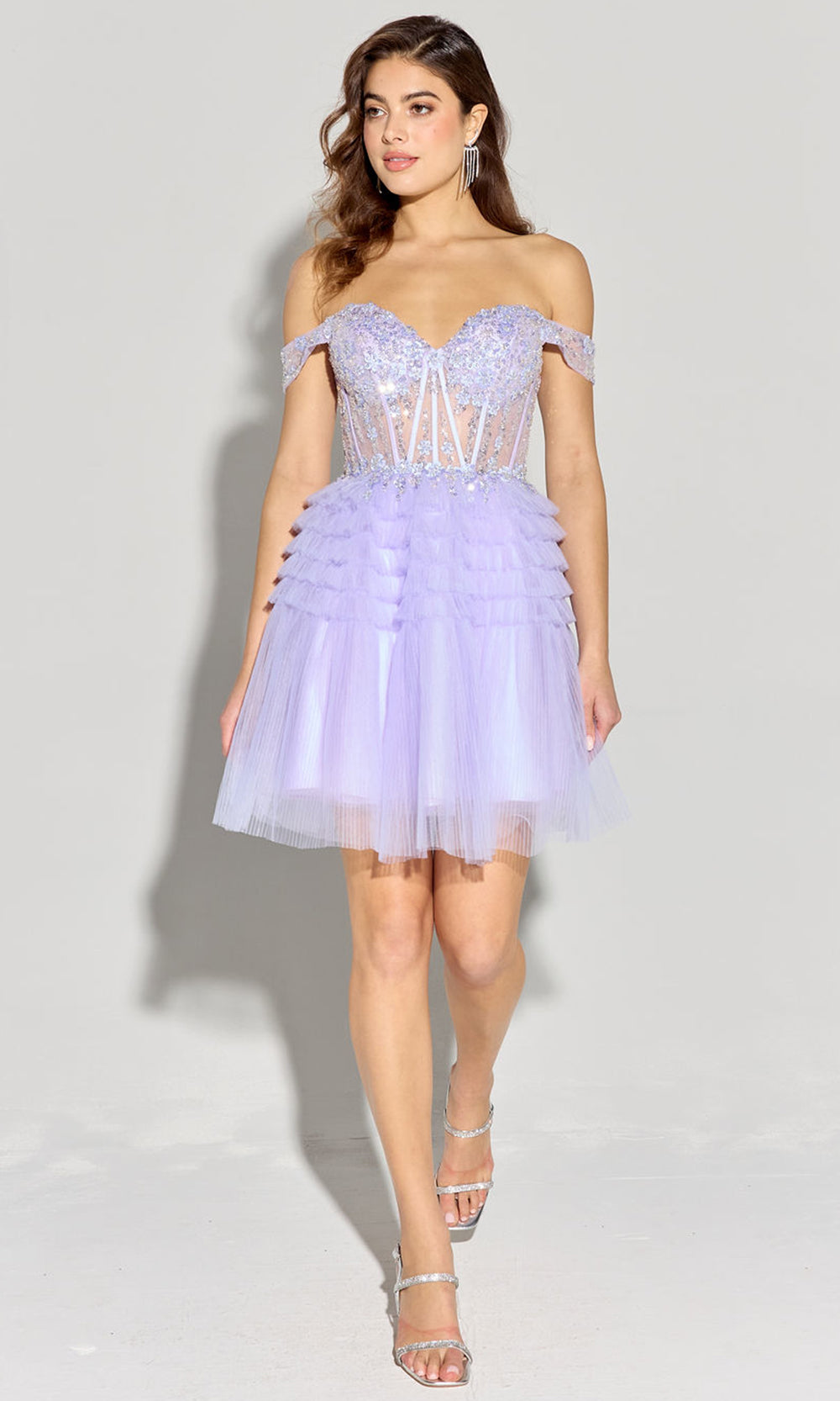 Eureka Fashion EK133 - Short Tulle Hoco A-Line Dress - Sheer Corset-Style Bodice, Off-Shoulder Sleeves, Tiered Ruffle Skirt, Sequin, Lace-Up Back M / Eureka Fashion EK133 - Short Tulle Hoco A-Line Dress - Sheer Corset-Style Bodice, Off-Shoulder Sleeves, Tiered Ruffle Skirt, Sequin, Lace-Up Back M /