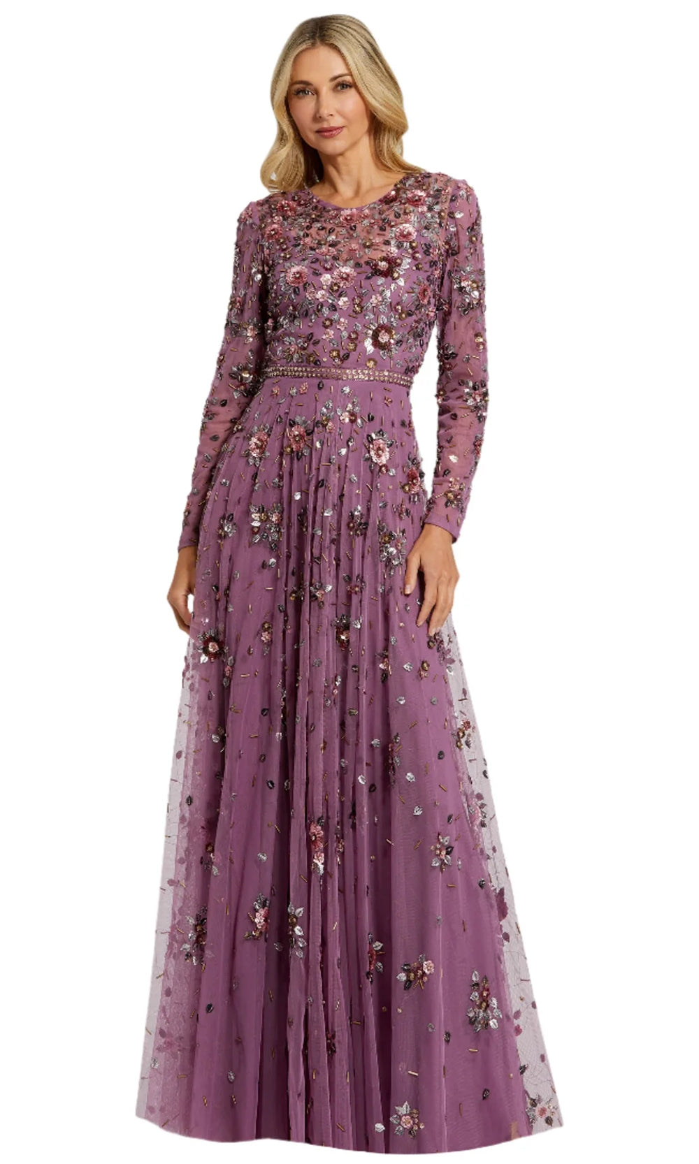 Mac Duggal Long Sleeve High Neck Beaded Gown - Raspberry Mac Duggal Long Sleeve High Neck Beaded Gown - Raspberry