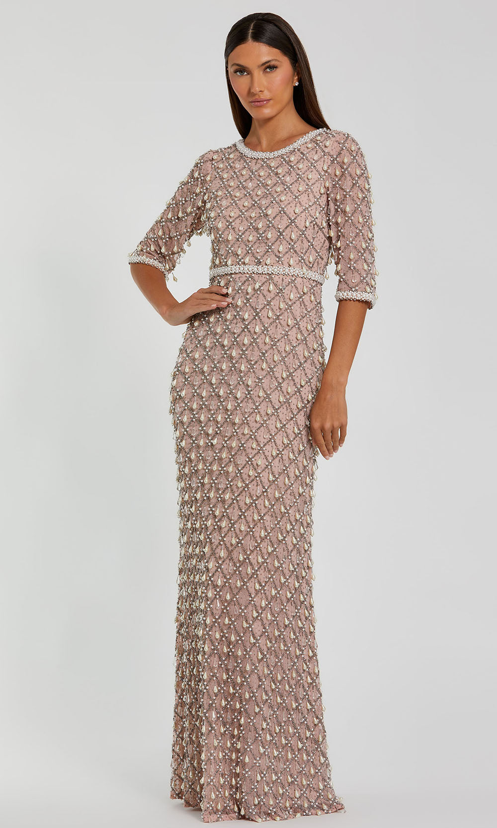 Mac Duggal 10099 - Pearl Ornate Quarter Sleeve Gown Formal Gowns