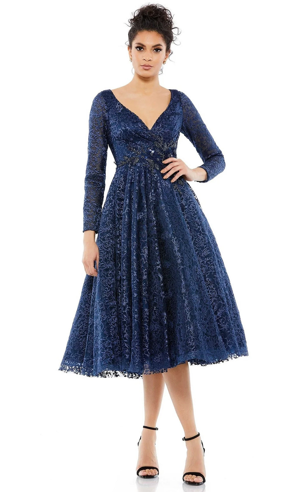 Mac Duggal 112181 - Tea Length Sheer Embroidered Overlay A-Line Dress - Sheer Long Sleeves, Ruched Wrap Bodice, Beaded Details, Full Back, Tea Length Hem ADASA Mac Duggal 112181 - Tea Length Sheer Embroidered Overlay A-Line Dress - Sheer Long Sleeves, Ruched Wrap Bodice, Beaded Details, Full Back, Tea Length Hem ADASA