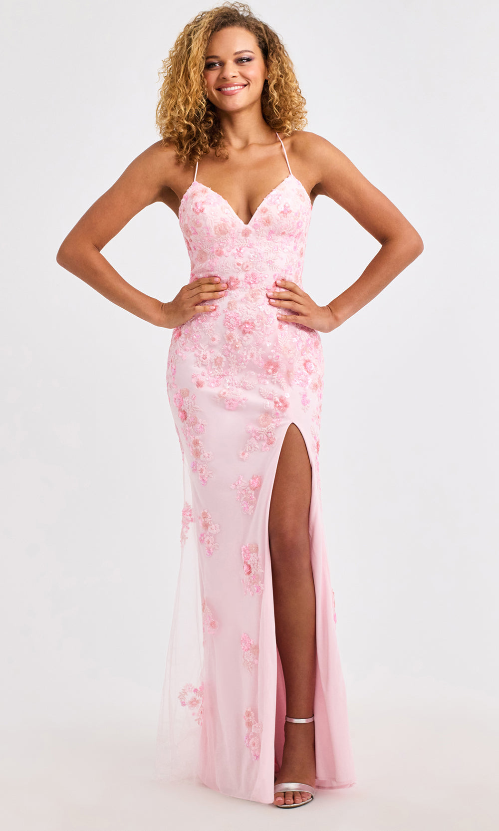 Faviana 11251 - Long Novelty Sheath Dress - Fitted Bodice, Spaghetti Straps, High Slit, Floral Beaded Applique, Open Lace-Up Back ADASA Faviana 11251 - Long Novelty Sheath Dress - Fitted Bodice, Spaghetti Straps, High Slit, Floral Beaded Applique, Open Lace-Up Back ADASA