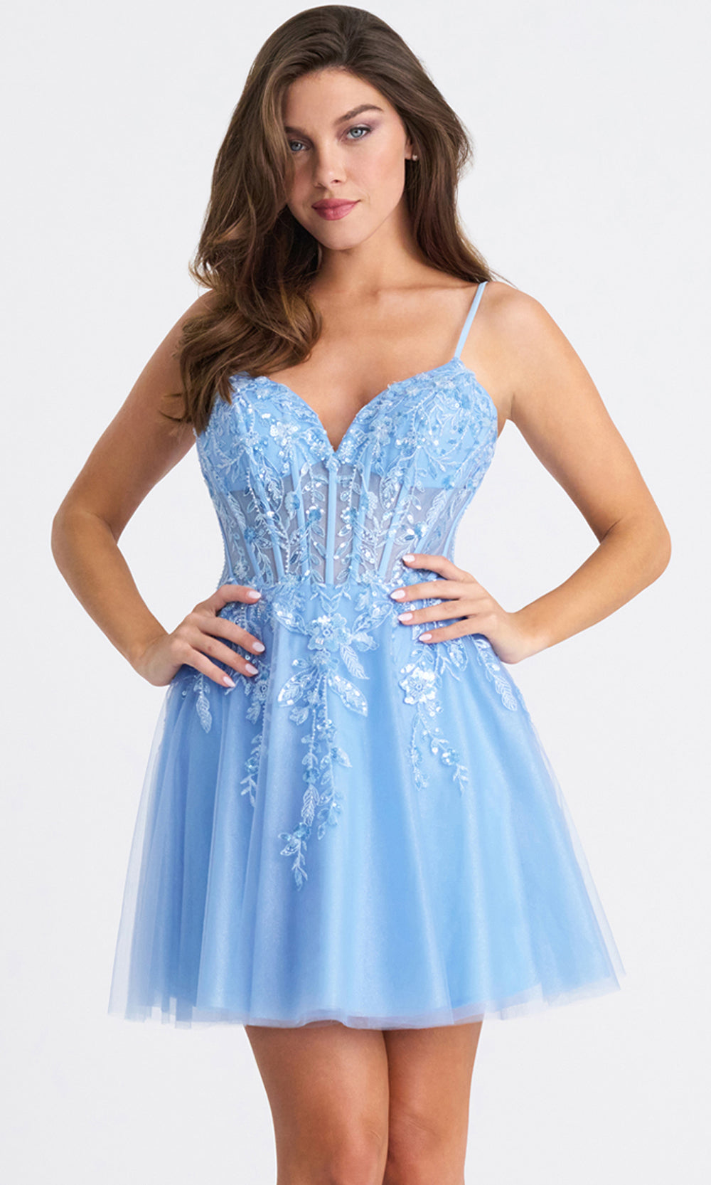 Faviana 11305 - Short Shimmer Tulle & Applique A-line Dress - Illusion Corset Bodice, Spaghetti Straps, Floral Embroidery, Sequin, Pockets, Lace-Up Back ADASA Faviana 11305 - Short Shimmer Tulle & Applique A-line Dress - Illusion Corset Bodice, Spaghetti Straps, Floral Embroidery, Sequin, Pockets, Lace-Up Back ADASA