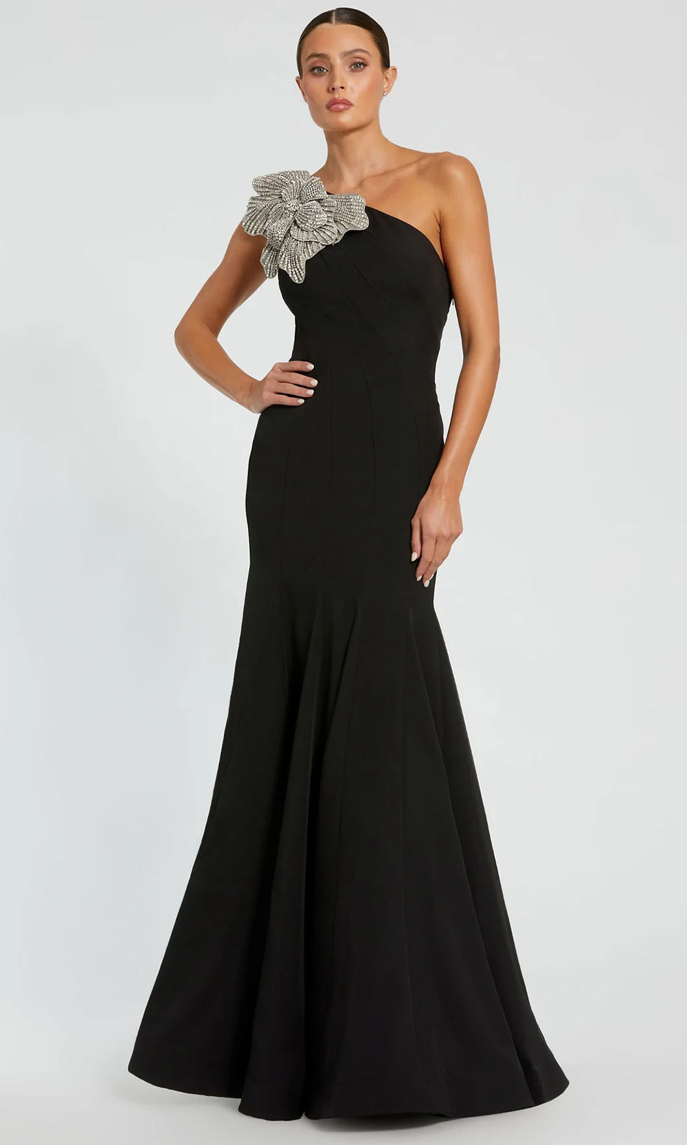 Mac Duggal 11810 - Long Crepe Trumpet Dress - Sleeveless, Tailored Silhouette, Jeweled Floral Accent, Sweep Train ADASA Mac Duggal 11810 - Long Crepe Trumpet Dress - Sleeveless, Tailored Silhouette, Jeweled Floral Accent, Sweep Train ADASA