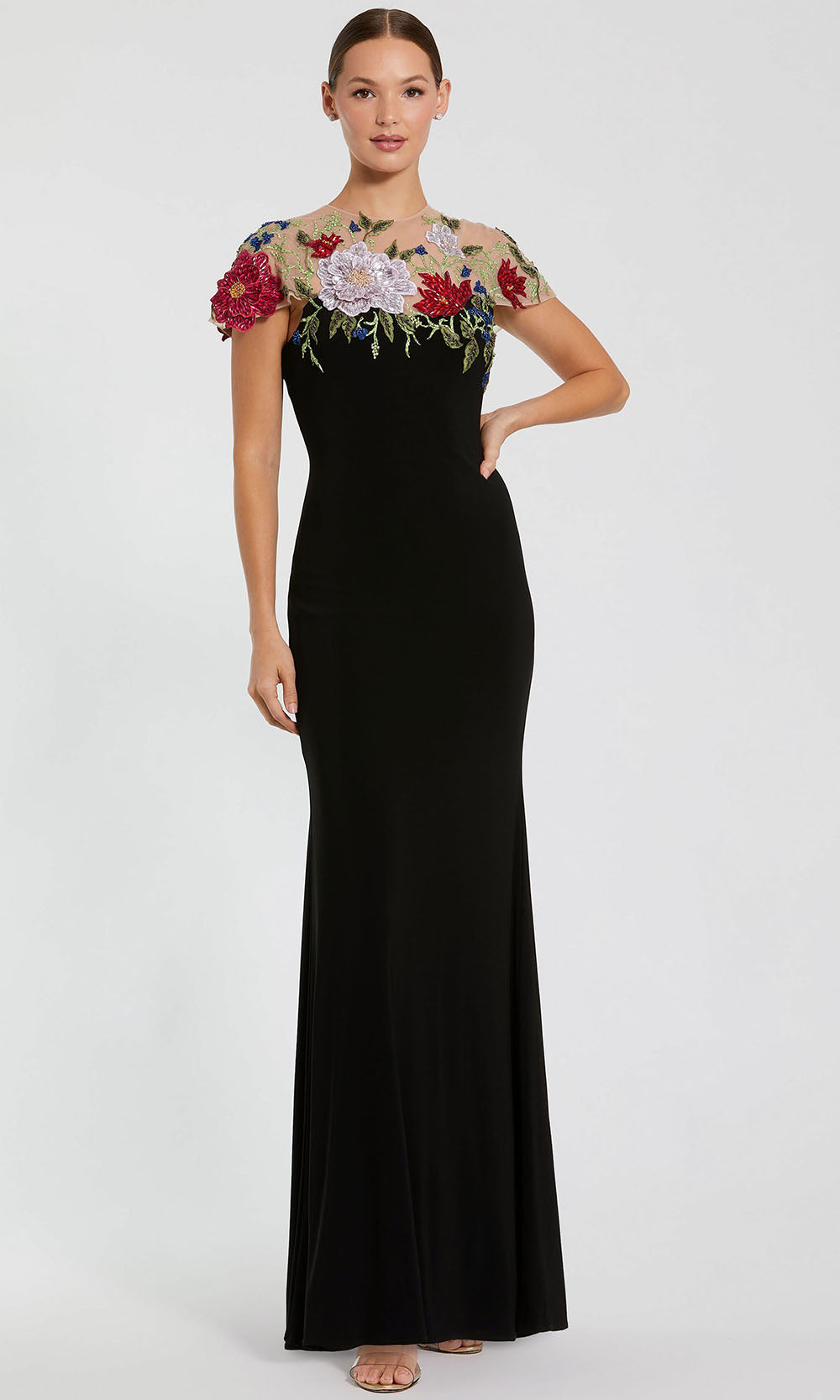 Mac Duggal - Black Floral Embellished Jersey Column Gown - Black Multi / US 12 Mac Duggal - Black Floral Embellished Jersey Column Gown - Black Multi / US 12