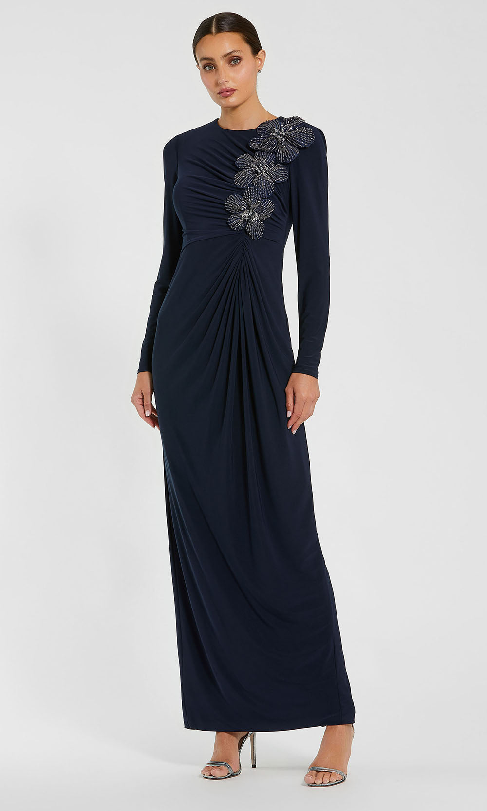 Mac Duggal Jersey Long Sleeve Fitted Gown With 3D Flowers
