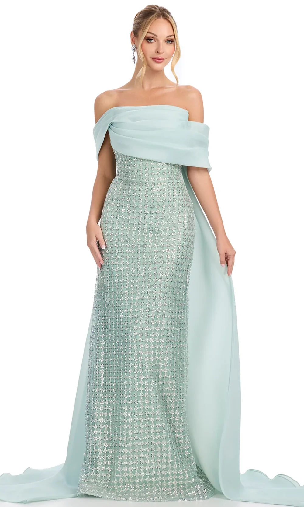 Ashley Lauren 12020 - Beaded Bodice Sheath Gown with Cape Formal Gowns