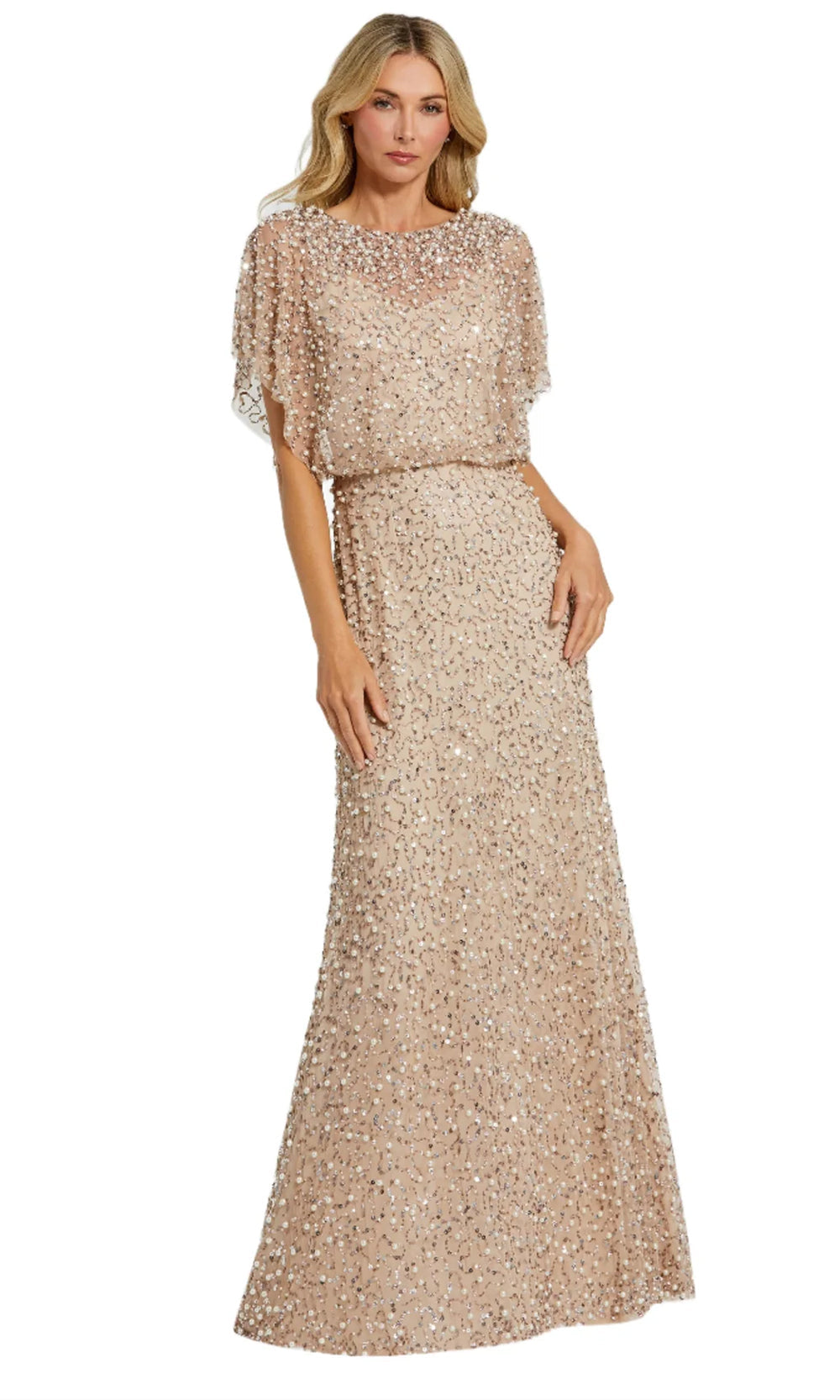 mac duggal gold sequin dress Mac Duggal - Sequined V Neck Illusion Sleeve A Line Gown