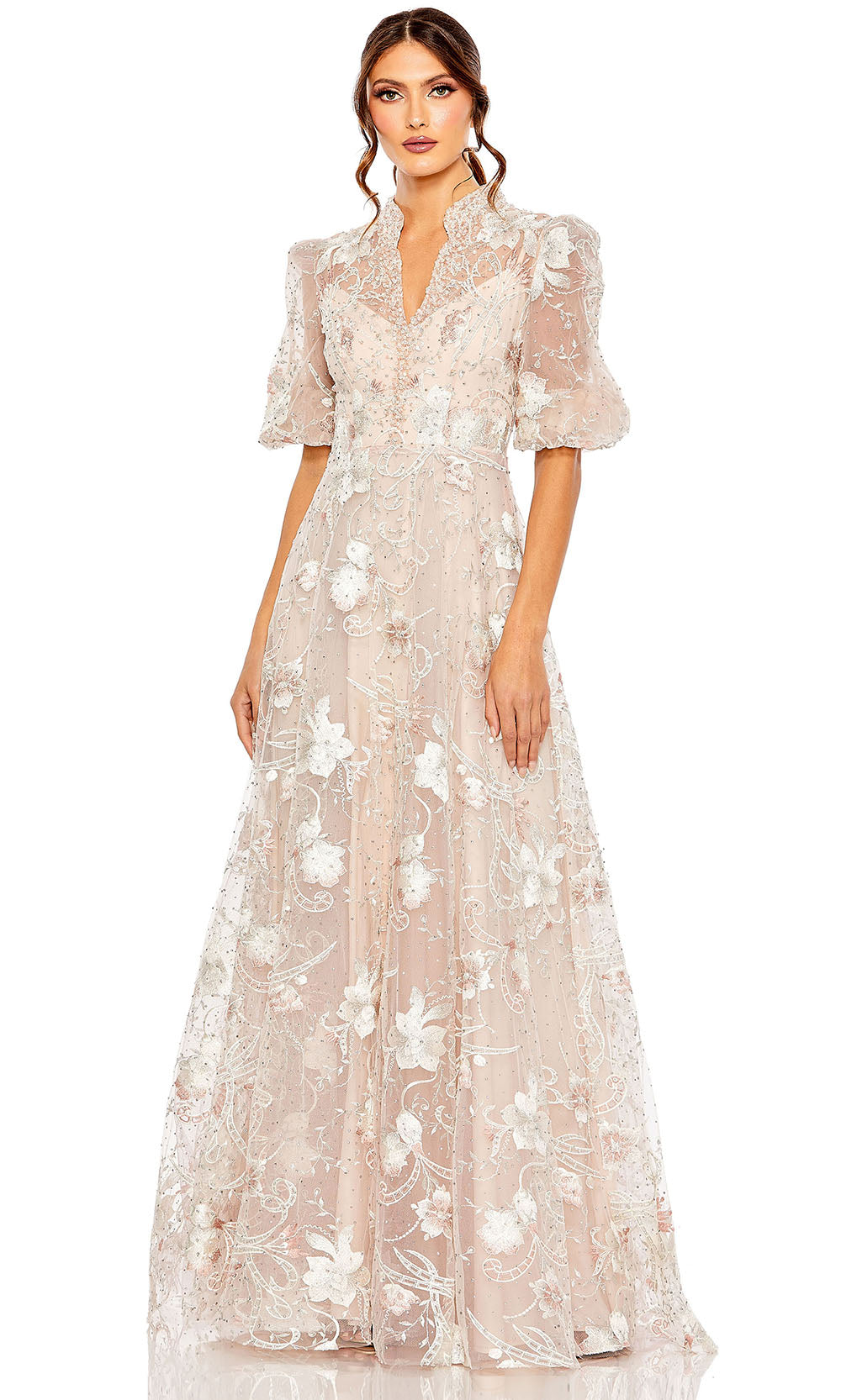 Pink Queen Anne Puff Sleeve A-Line Gown