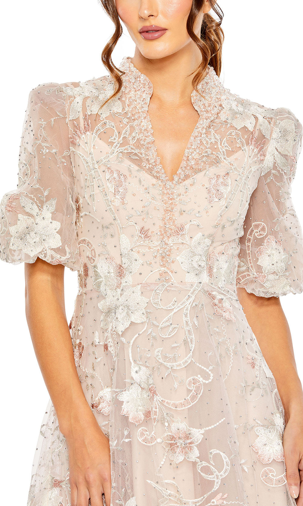 Mac Duggal 20452 - Sheer Puff Sleeve Embroidered Gown Evening Dresses