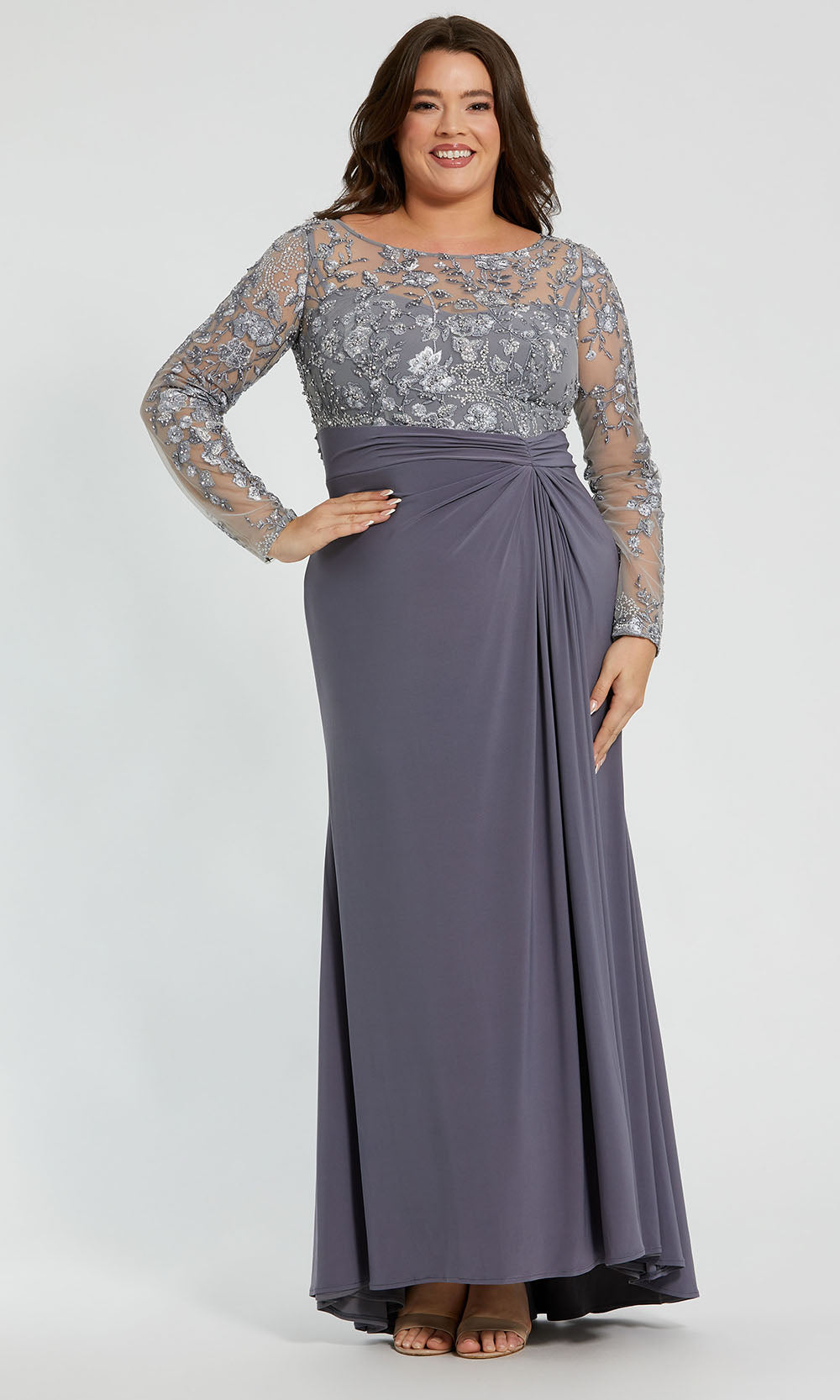 Mac Duggal 20624 - Scoop Draped Waist Plus Size Gown Mac Duggal 20624 - Long Embellished Mesh Jersey Sheath Dress - Illusion  Detail, Long Sleeves, Beaded, Floral Embroidery, Draped Waistline, Plus Size  – ADASA