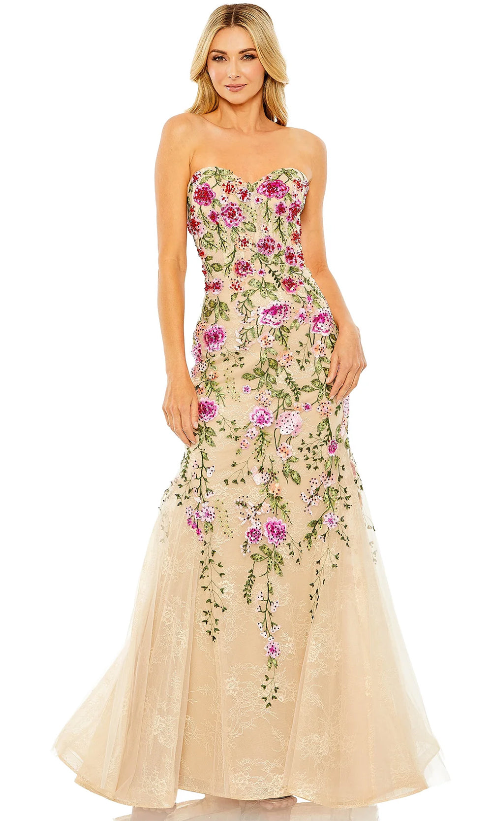 Strapless Bustier Floral Embroidered Mermaid Gown | Mac Duggal Pink Multi / US 12 Strapless Bustier Floral Embroidered Mermaid Gown | Mac Duggal Pink Multi / US 12