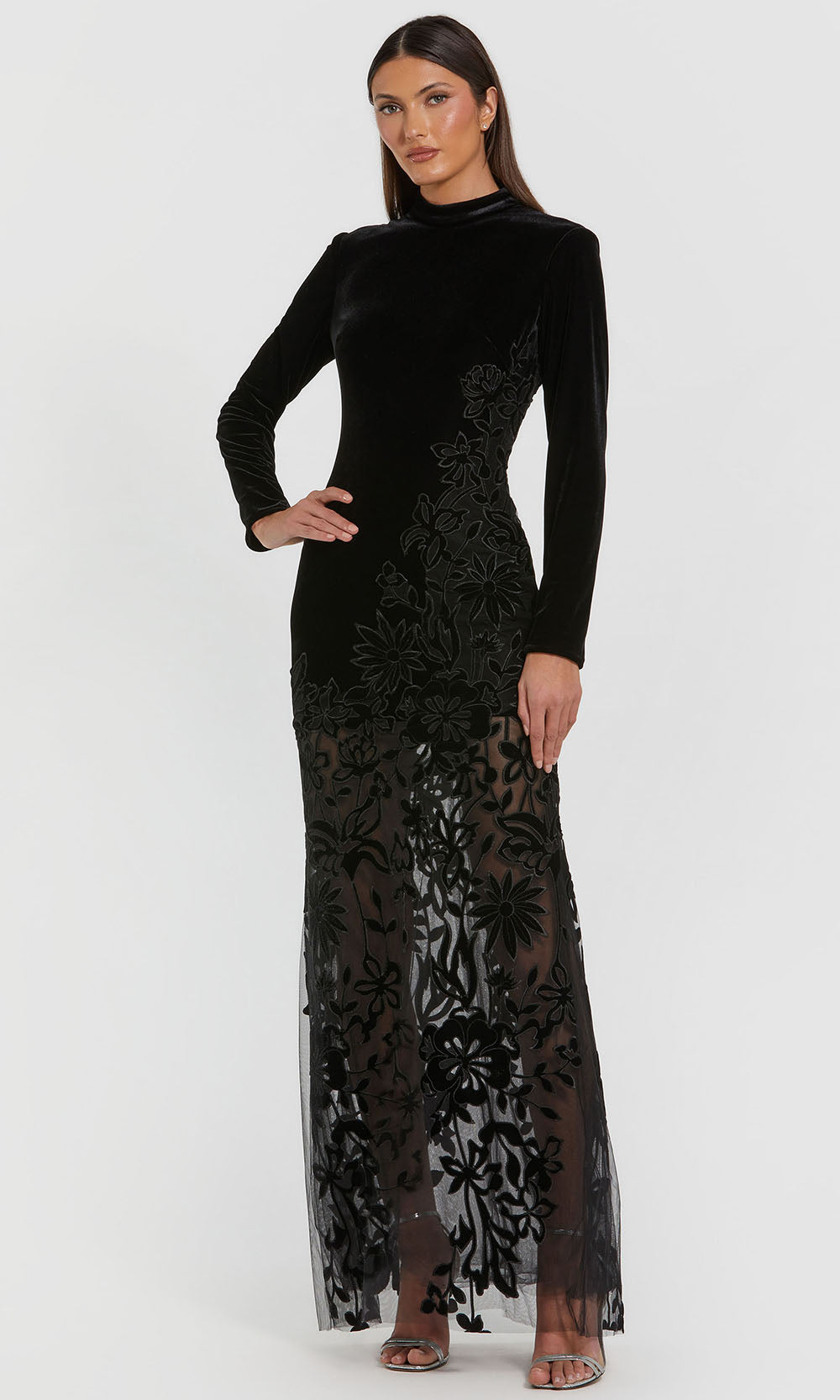 Ieena Duggal 20756 - Long Velvet Sheath Dress - Long Sleeves, Floral Embroidery, Sheer Skirt, Fitted, Full Back, Concealed Back Zipper ADASA Ieena Duggal 20756 - Long Velvet Sheath Dress - Long Sleeves, Floral Embroidery, Sheer Skirt, Fitted, Full Back, Concealed Back Zipper ADASA