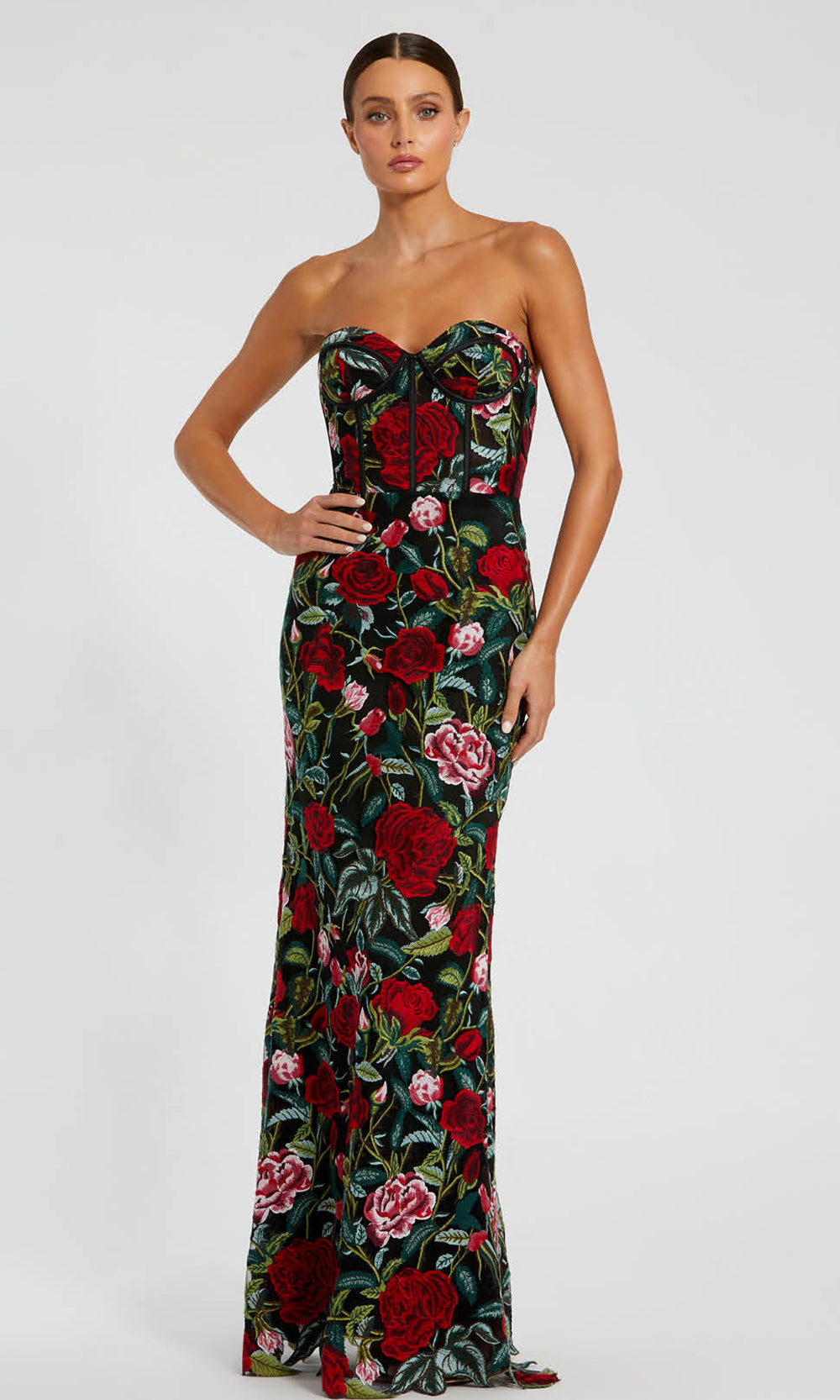 Mac Duggal - Black Sheer Bustier Top Floral Applique Gown - Black Multi / US 2 Mac Duggal - Black Sheer Bustier Top Floral Applique Gown - Black Multi / US 2