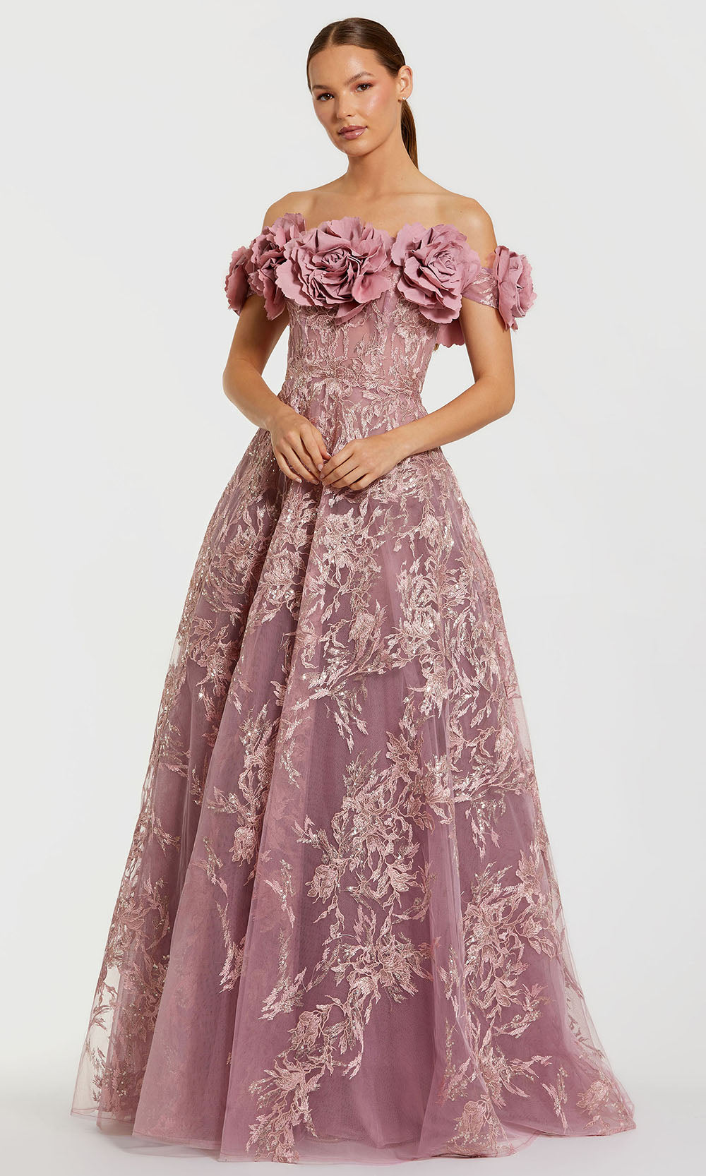 Purple Floral Embroidered Off The Shoulder A-line Gown | Mac Duggal Mauve / US 14 Purple Floral Embroidered Off The Shoulder A-line Gown | Mac Duggal Mauve / US 14