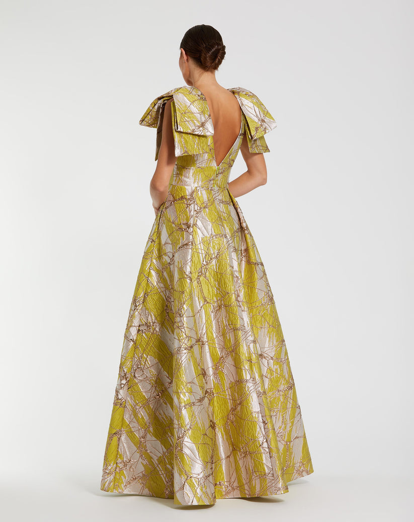 Ieena Duggal 21053 - Bow Shoulder Metallic A-line Evening Gown In Green
