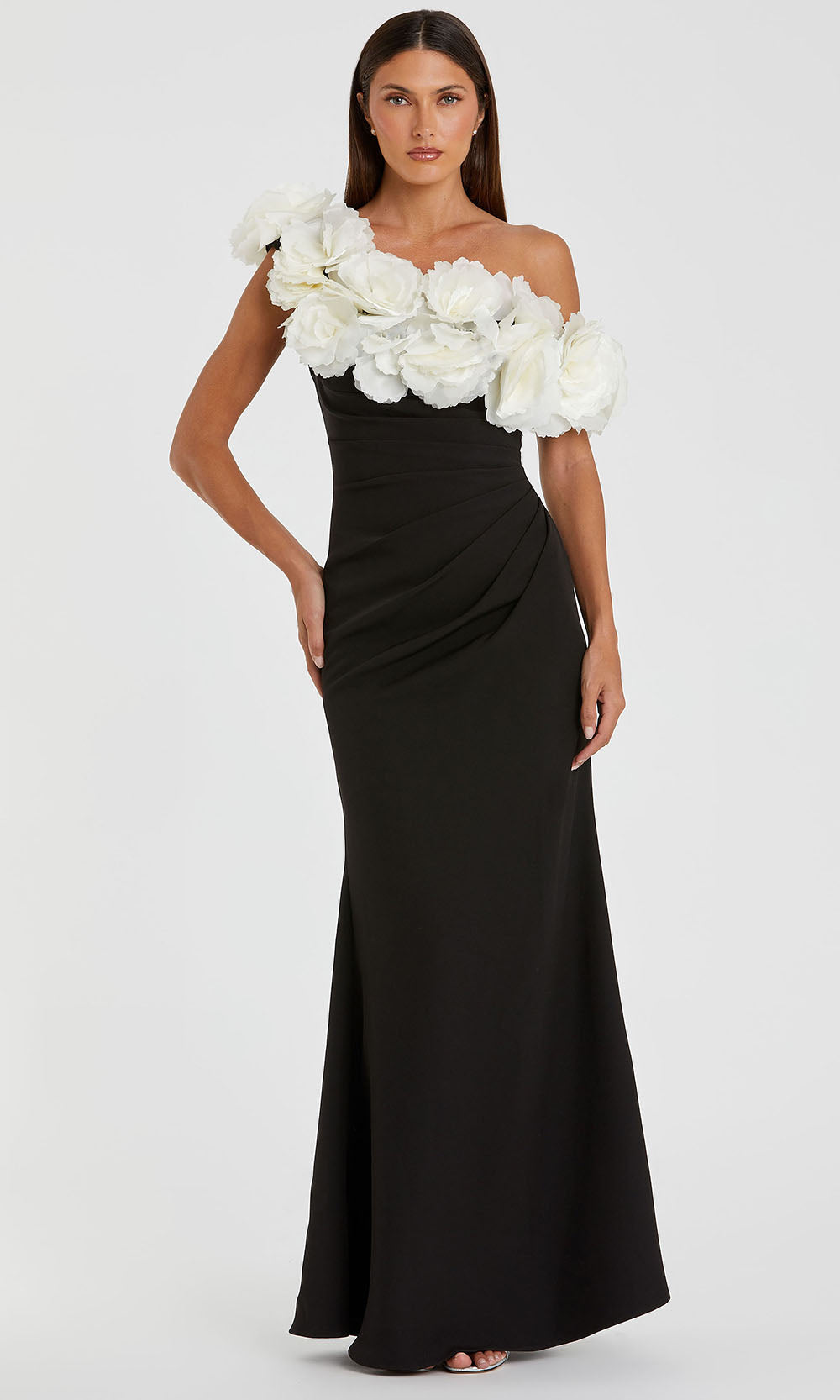 ruffle asymmetric sheath dress mac duggal Black Ruched High-Low Sheath Dress with Feather Trim