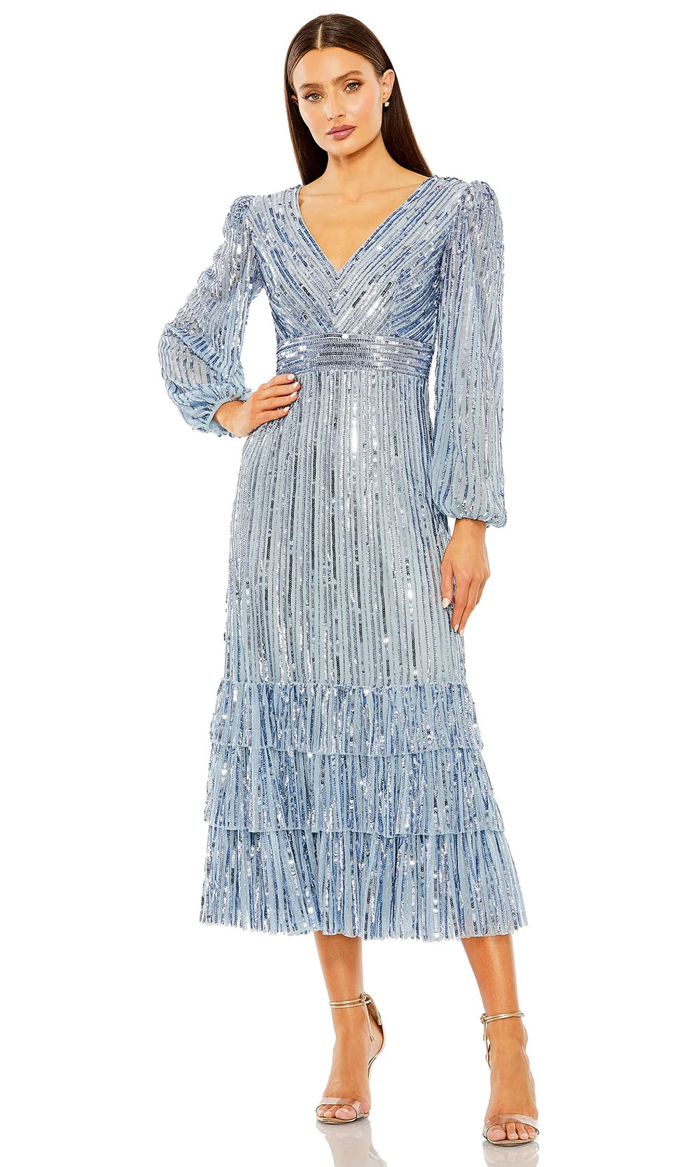 A-Line V-Neck Sequin Ruffle Dress | Mac Duggal Slate Blue / US 10 A-Line V-Neck Sequin Ruffle Dress | Mac Duggal Slate Blue / US 10