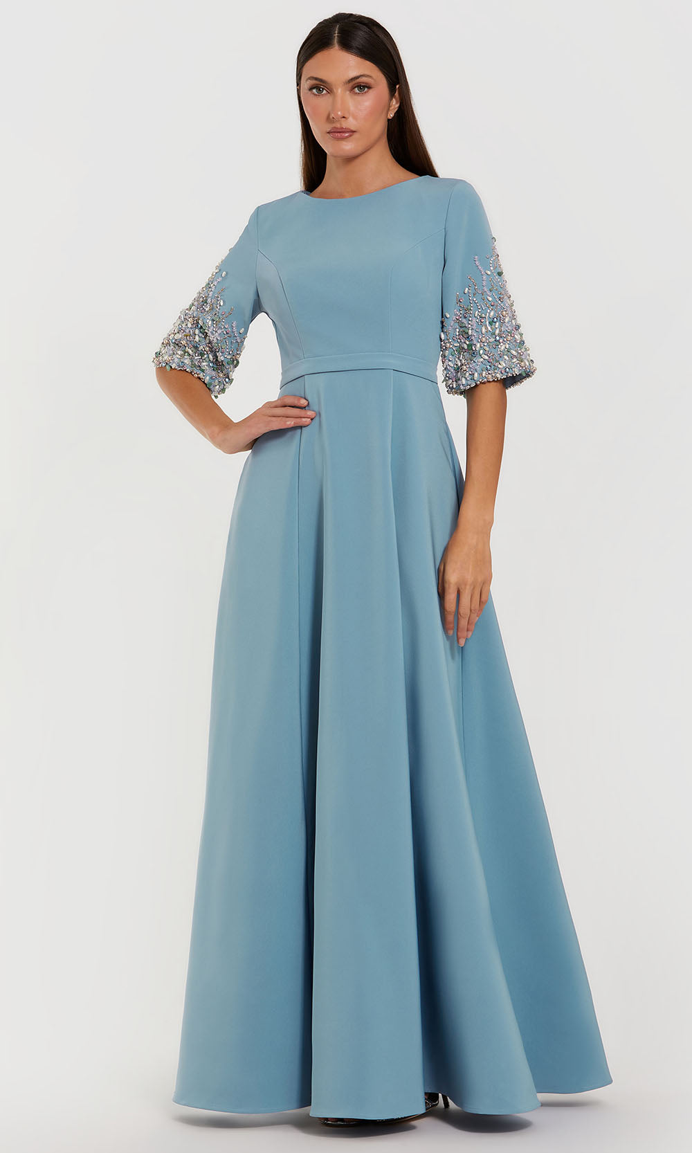 Mac Duggal Women's 3/4 Sleeve Crepe Gown With Sleeve Embellishments