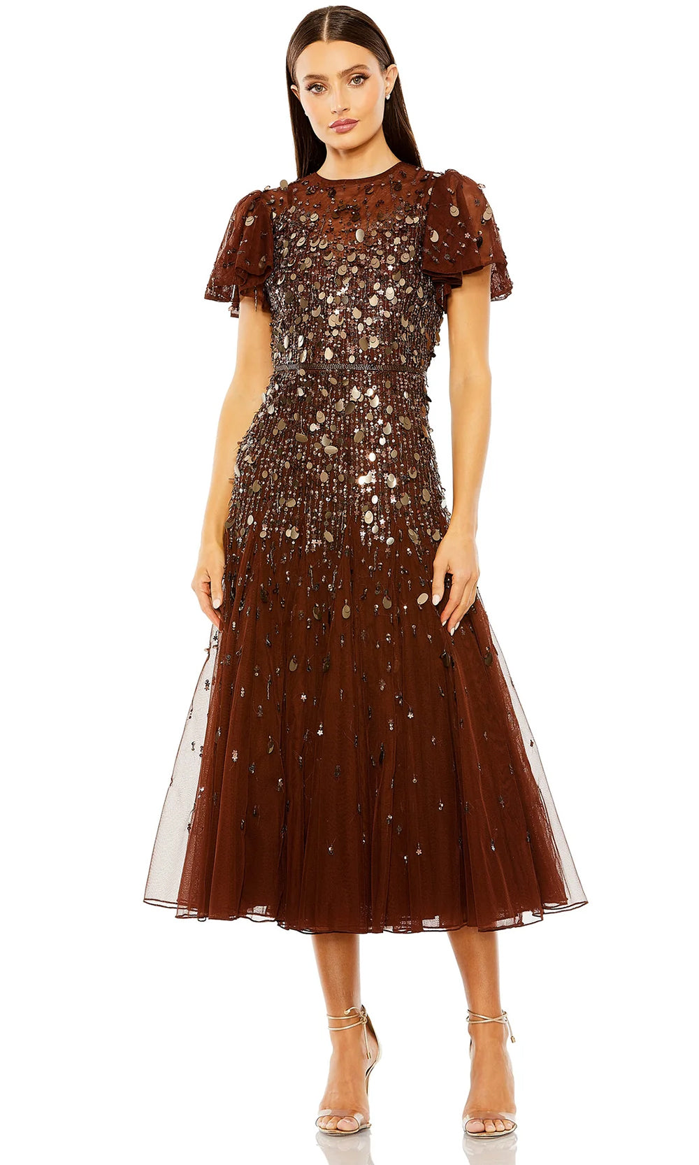Mac Duggal 24018 - Tea Length Beaded Mesh Overlay A-Line Dress - Flutter Sleeves, Sequins, Sheer Full Back, Tea Length Hem ADASA Mac Duggal 24018 - Tea Length Beaded Mesh Overlay A-Line Dress - Flutter Sleeves, Sequins, Sheer Full Back, Tea Length Hem ADASA