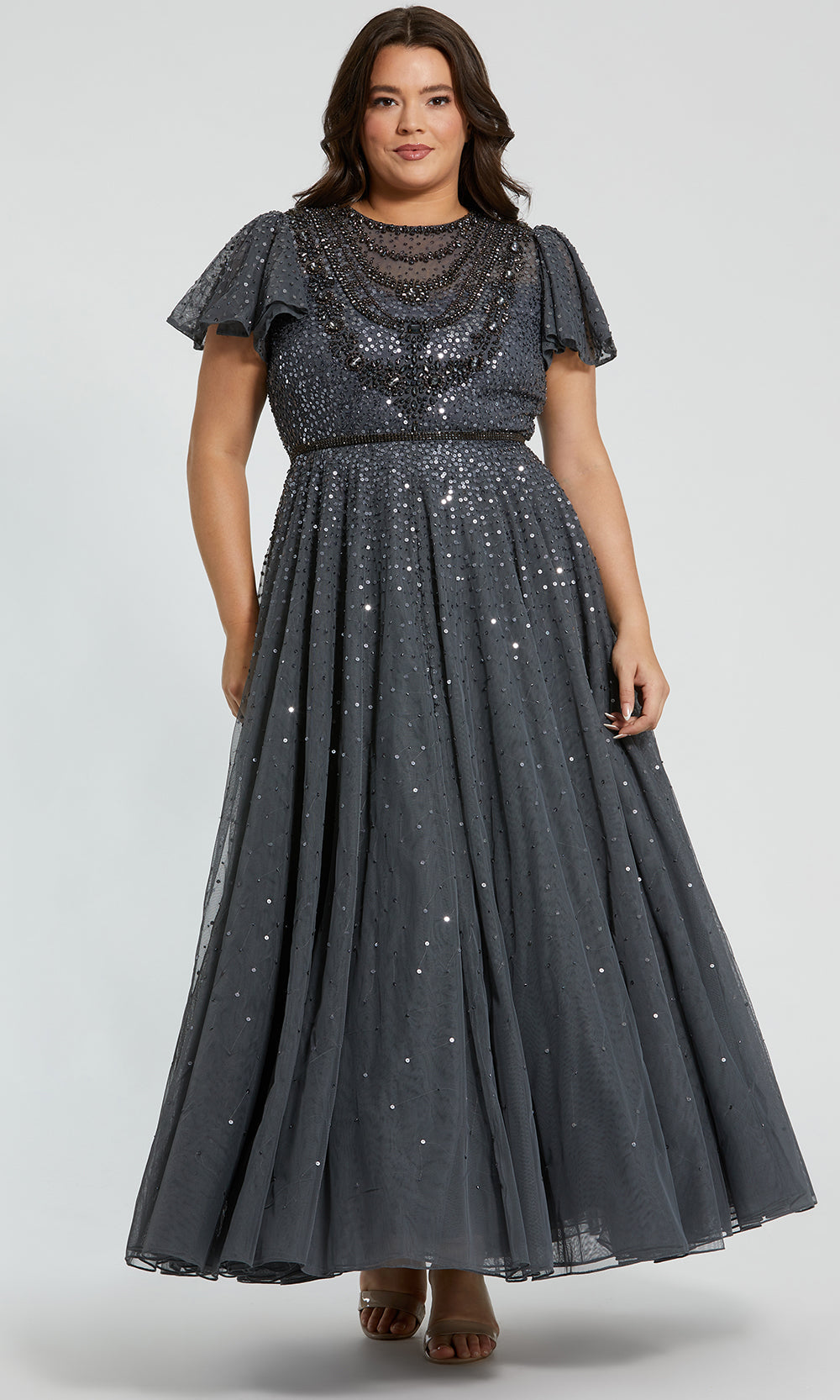 Mac Duggal 24025 - Long Embellished Mesh A-line Dress - Short Flutter Sleeves, Beaded, Sequin, Partial Illusion Back, Plus Size ADASA Mac Duggal 24025 - Long Embellished Mesh A-line Dress - Short Flutter Sleeves, Beaded, Sequin, Partial Illusion Back, Plus Size ADASA