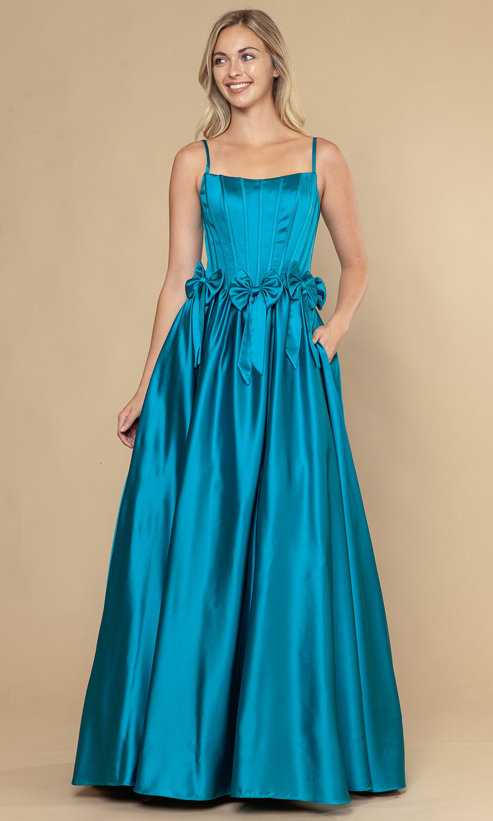 satin a-line dress with strappy lace-up back Poly USA 25116 - Long sleeveless style Juarez A-line Boat Neck Size:(US 16-18)XL Crafted from smooth satin