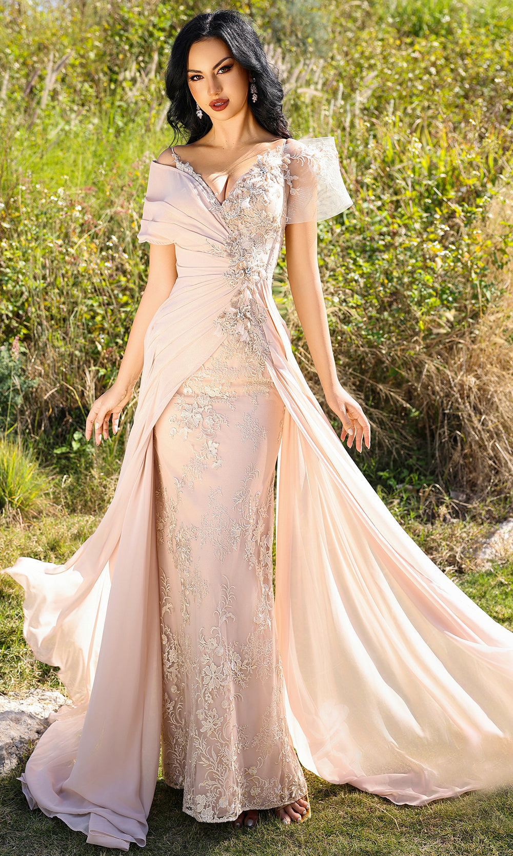 Terani Couture 252M5308 - Illusion Sleeve Embroidered Sheath Gown Terani Couture 252M5308 - Illusion Sleeve Embroidered Sheath Gown