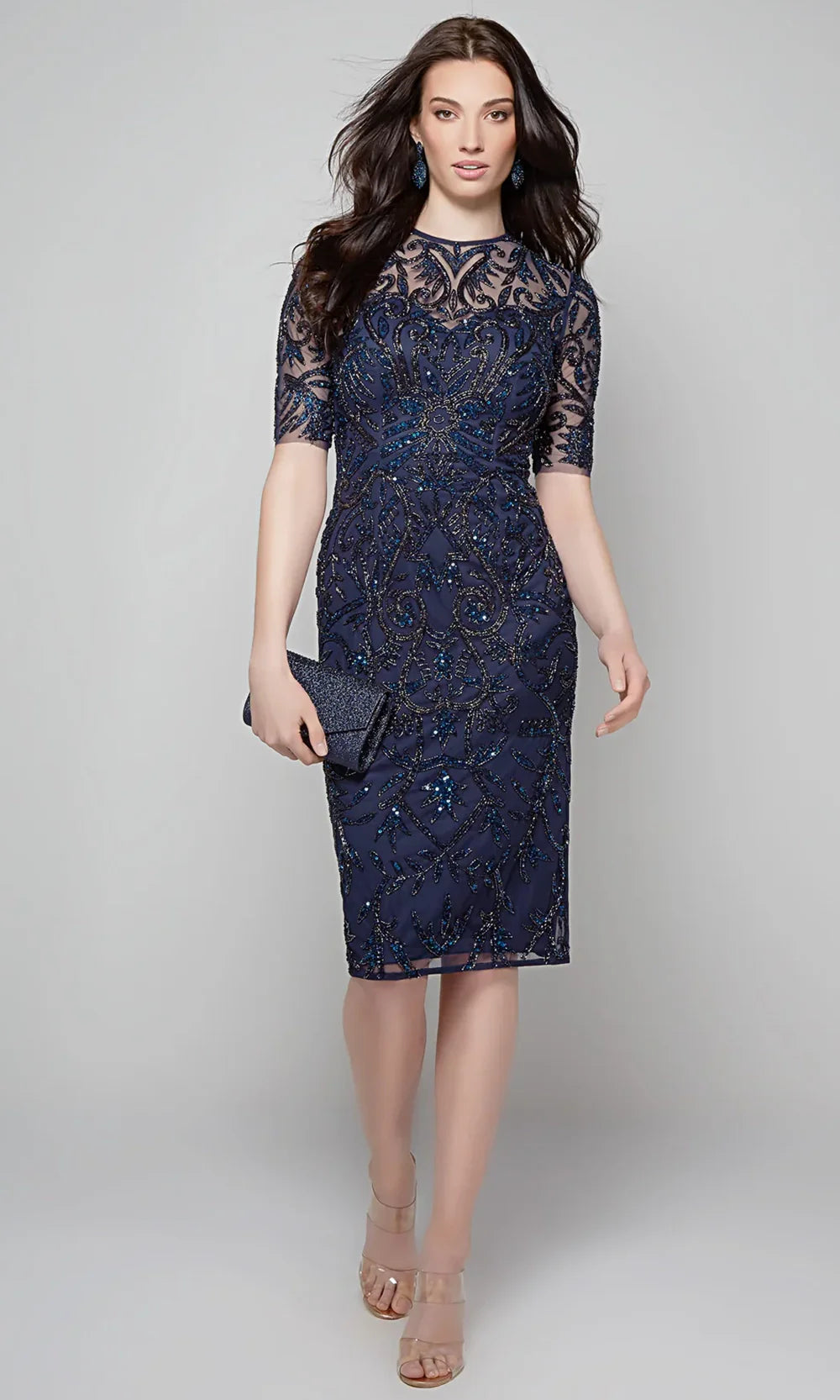 Alyce Paris 27583 - Knee-length Tulle Sheath Dress - Illusion Bodice, Short Sleeve, Beaded Embroidery, Fitted, Keyhole Back, Center Back Slit 22 / Alyce Paris 27583 - Knee-length Tulle Sheath Dress - Illusion Bodice, Short Sleeve, Beaded Embroidery, Fitted, Keyhole Back, Center Back Slit 22 /