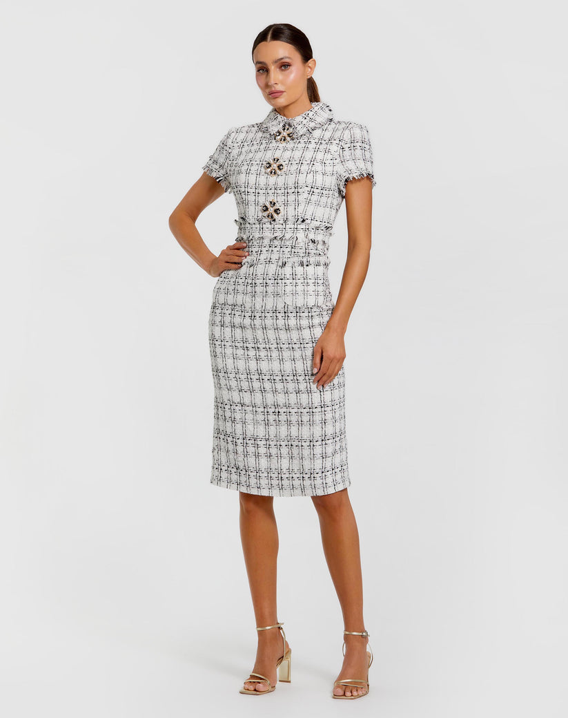 Mac Duggal Fitted Boucle Short Sleeve Button Up Dress, Womens, 10, Ivory Mac Duggal Fitted Boucle Short Sleeve Button Up Dress, Womens, 10, Ivory