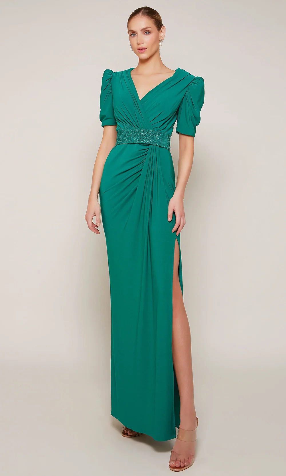 Alyce Paris 27690 - Long Italian Jersey Column Dress - Surplice Neckline, Puff Short Sleeves, Beaded Waistband, Ruched Bodice, High Slit, Back Zipper Alyce Paris 27690 - Long Italian Jersey Column Dress - Surplice Neckline, Puff Short Sleeves, Beaded Waistband, Ruched Bodice, High Slit, Back Zipper