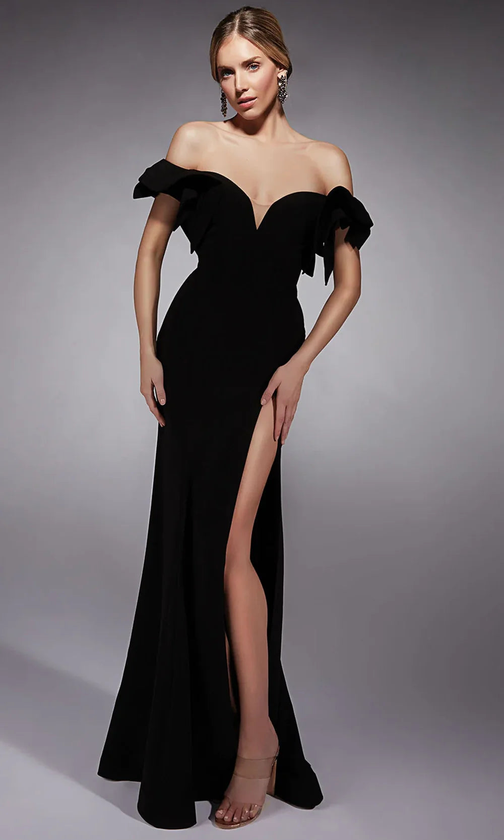 Alyce Paris 27713 - Long Georgette Sheath Dress - Off-Shoulder Ruffled Sleeves, Thigh Slit, Sweep Train, Wide V-Back, Ruffle Drape, Beaded Accent 8 / Alyce Paris 27713 - Long Georgette Sheath Dress - Off-Shoulder Ruffled Sleeves, Thigh Slit, Sweep Train, Wide V-Back, Ruffle Drape, Beaded Accent 8 /