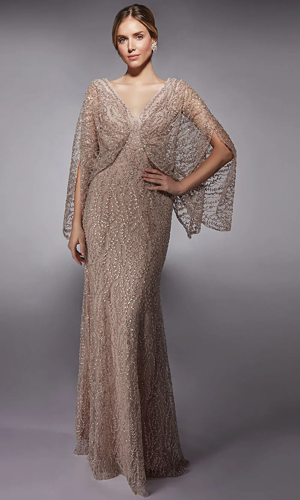 Alyce Paris 27724 - Long Sheath Dress - Sheer Cape Sleeves, Sequin Embroidery, V-Shaped Back, Fitted Bodice 18 / Sultry Blush