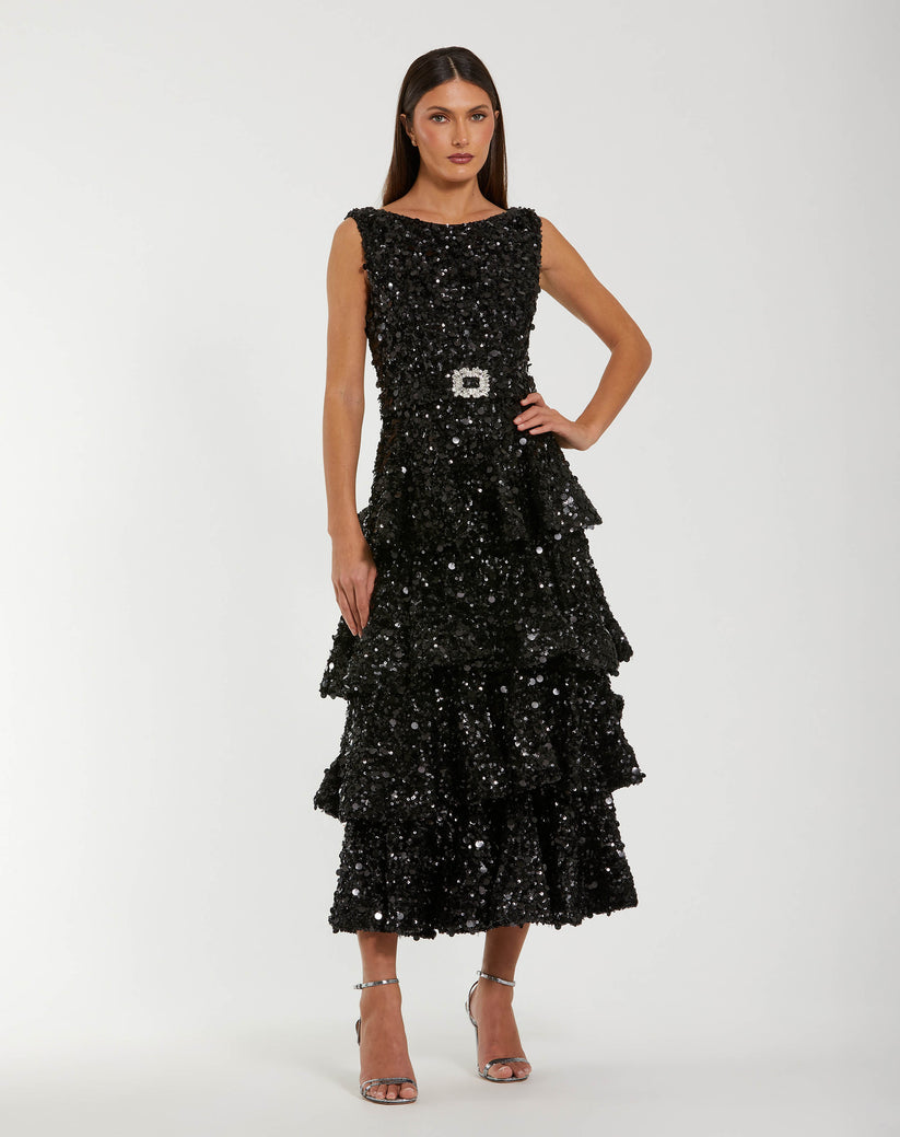 Ieena Duggal 27733 - Tiered Ruffle Sequin Midi Dress In Black