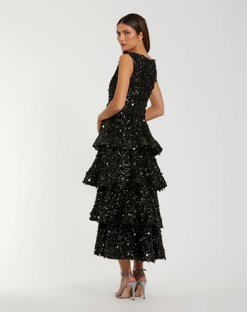 Ieena Duggal 27733 - Tiered Ruffle Sequin Midi Dress In Black