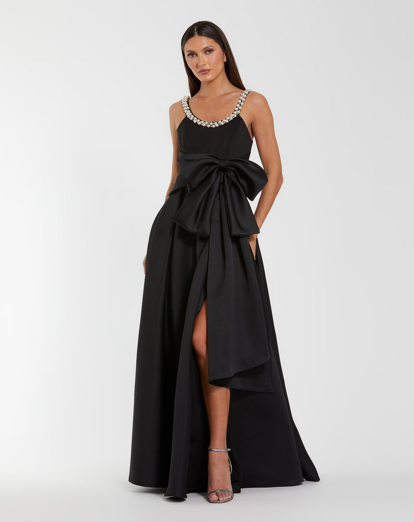 Ieena Duggal 27743 - Pearl Neckline Oversized Bow Evening Gown In Black