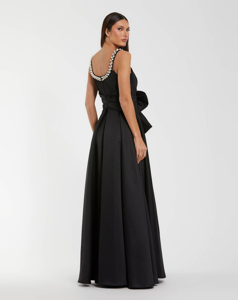 Ieena Duggal 27743 - Pearl Neckline Oversized Bow Evening Gown In Black