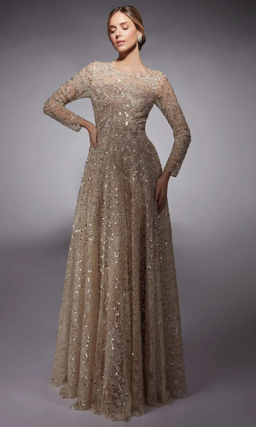 Alyce Paris 27757 - Long Glitter Tulle A-line Dress - Long Sleeves, Beaded, Sequin, Partial Illusion Back, Concealed Back Zipper, Floor Length ADASA Alyce Paris 27757 - Long Glitter Tulle A-line Dress - Long Sleeves, Beaded, Sequin, Partial Illusion Back, Concealed Back Zipper, Floor Length ADASA