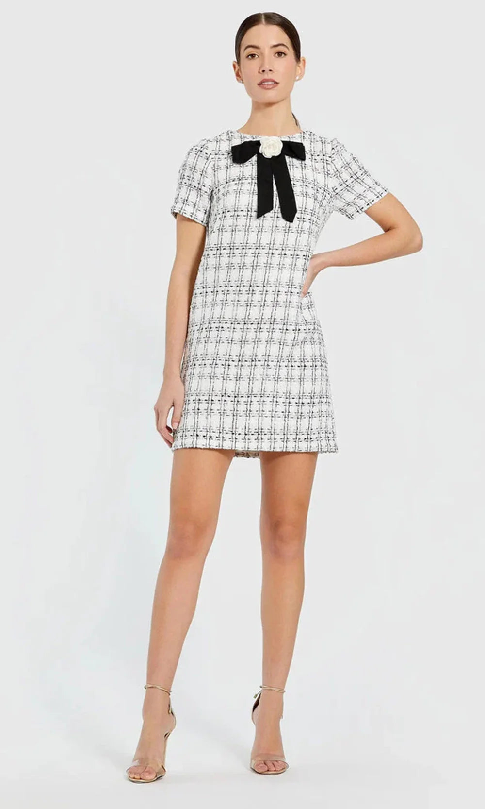 mac duggal mini dresses Ieena for Mac Duggal - White Short Sleeve Boucle Mini Dress With Bow