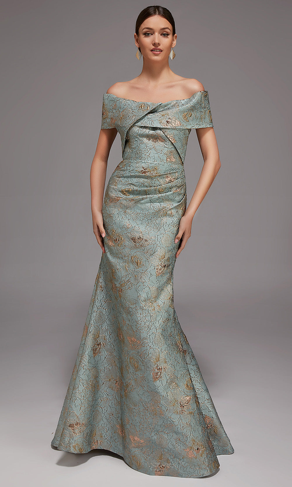Alyce Paris 27802 - Long Jacquard Mermaid Dress - Fold-Over Neckline, Pleated Bodice, Short Sleeves, Mid-Open Back, Sweeping Train 18 / Eggplant Alyce Paris 27802 - Long Jacquard Mermaid Dress - Fold-Over Neckline, Pleated Bodice, Short Sleeves, Mid-Open Back, Sweeping Train 18 / Eggplant