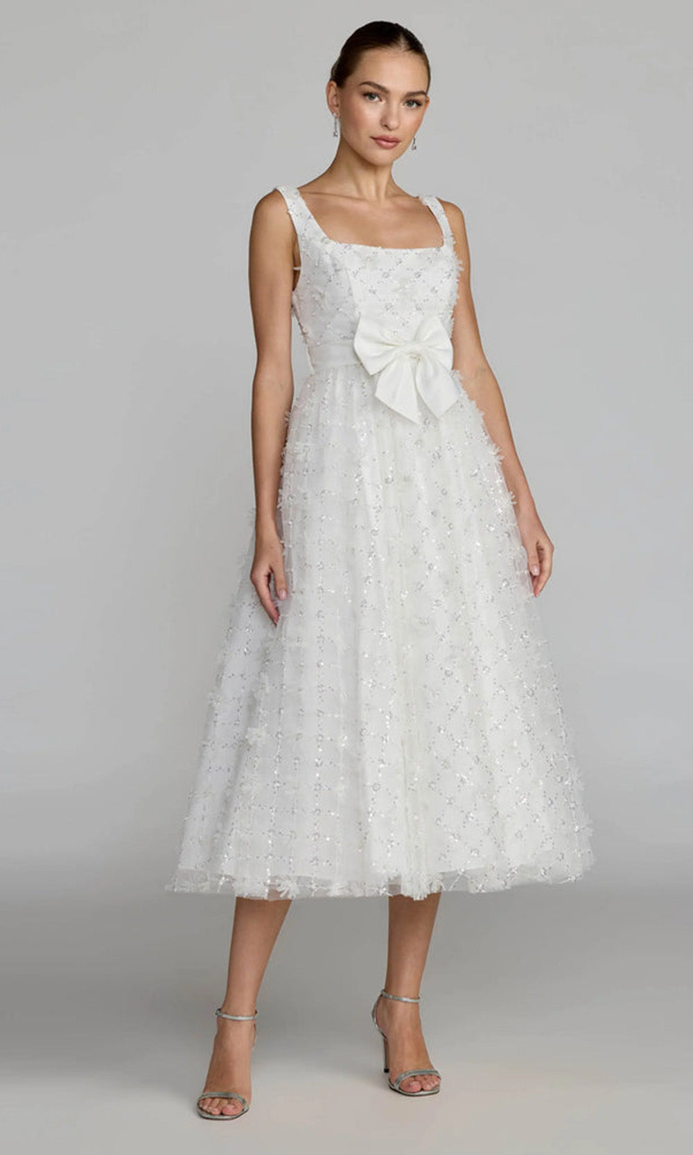 White Embellished Tulle Midi Dress with Satin Bow