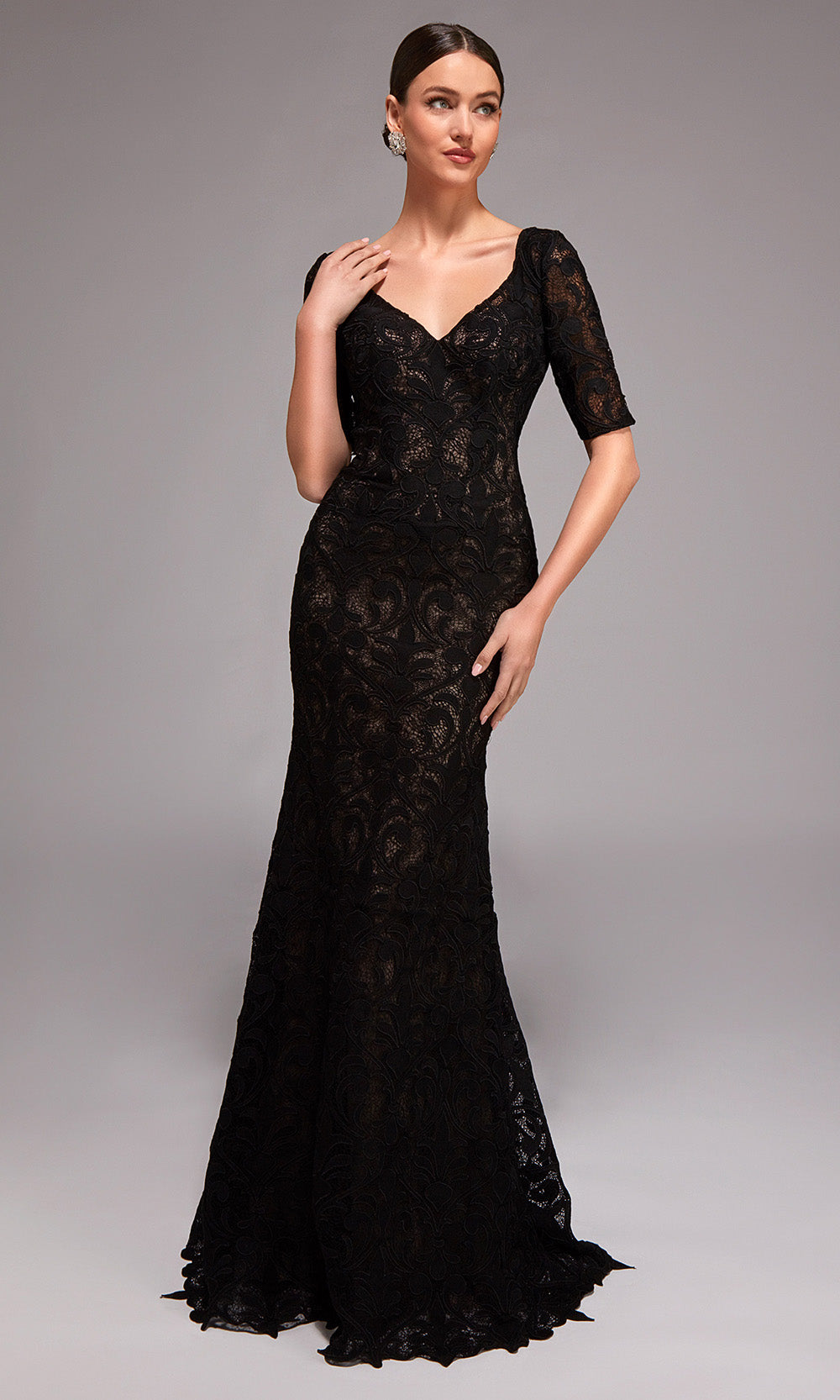 Alyce Paris 27871 - Long Lace Sheath Dress - Short Sleeves, Embroidery, V-Shaped Back, Hidden Back Zipper, Sweep Train 12 / Black-Shadow Grey Alyce Paris 27871 - Long Lace Sheath Dress - Short Sleeves, Embroidery, V-Shaped Back, Hidden Back Zipper, Sweep Train 12 / Black-Shadow Grey