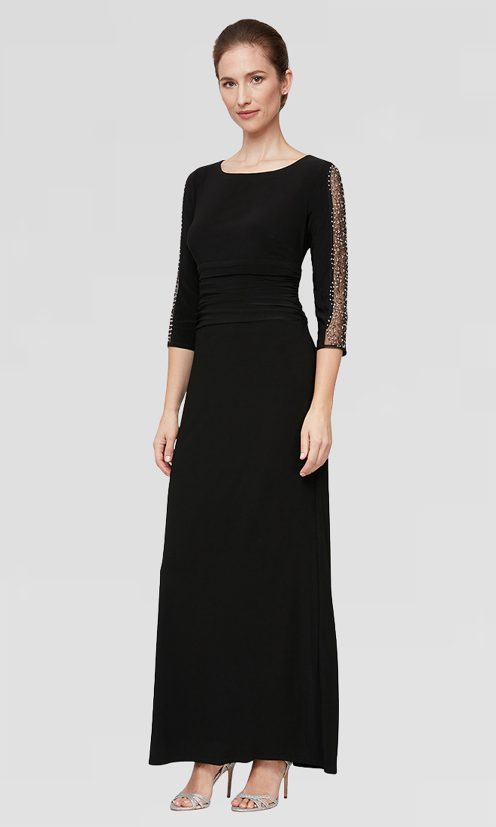 S.L. Fashions 9235172 - Long 95% Polyester / 5% Spandex,Mesh Combo And Lining:100% Polyester Column Dress - Three-Quarter Sleeves, Beaded Sheer Panels, Center Back Slit, Ruched Waistband ADASA S.L. Fashions 9235172 - Long 95% Polyester / 5% Spandex,Mesh Combo And Lining:100% Polyester Column Dress - Three-Quarter Sleeves, Beaded Sheer Panels, Center Back Slit, Ruched Waistband ADASA
