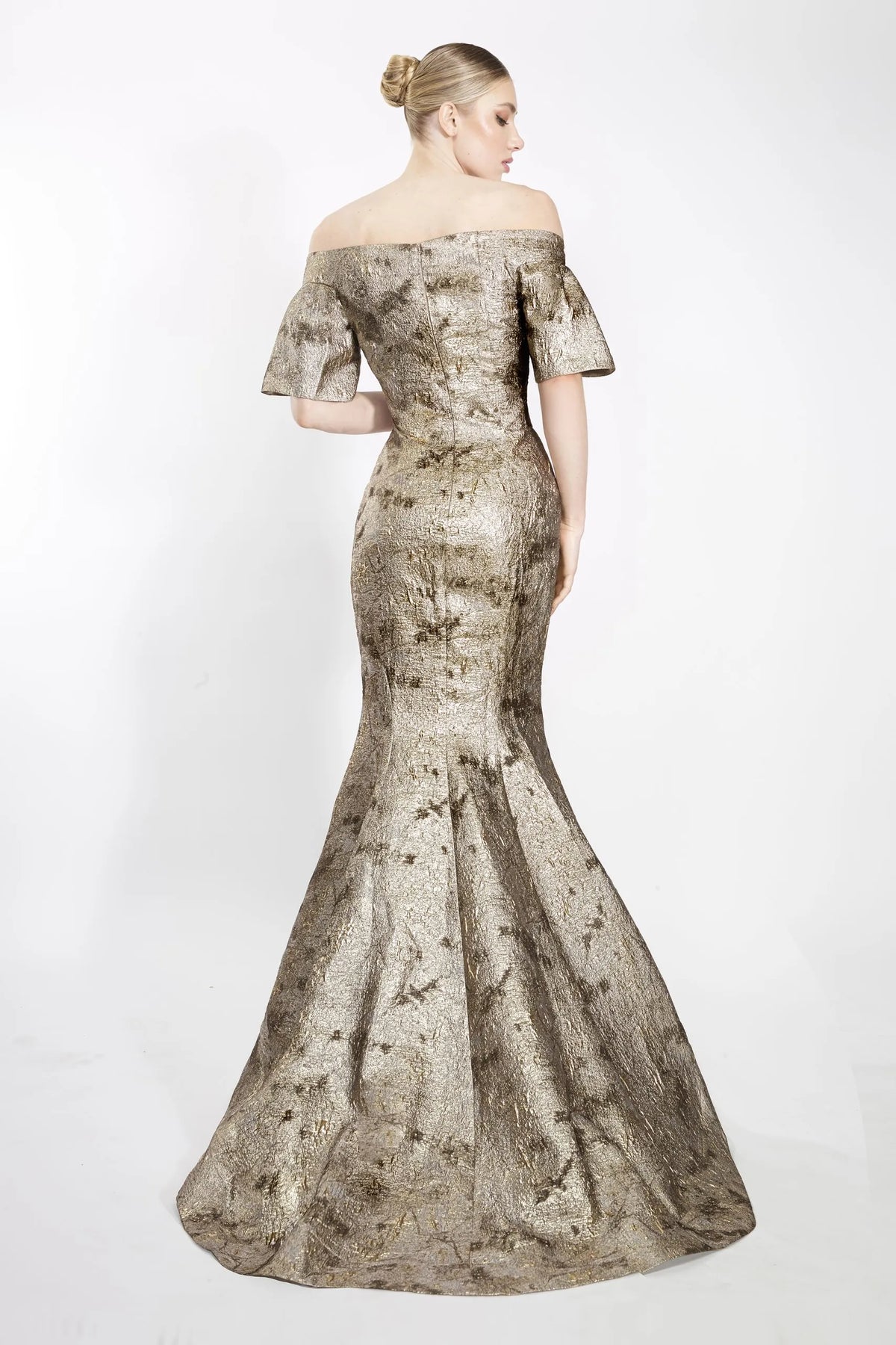 Janique 2941 - Off-Shoulder Straight Neck Dress