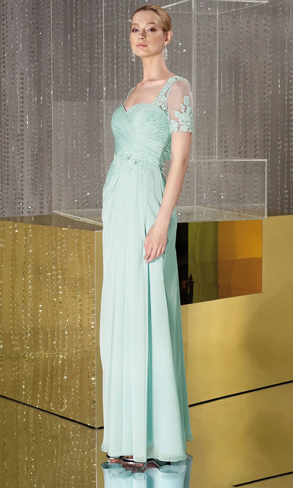 Alyce Paris 29580 - Long Chiffon Sheath Dress - Illusion Short Sleeves, Ruched, Beaded Lace Appliques, Draped Skirt, Illusion Back, Buttons Closure 10 Alyce Paris 29580 - Long Chiffon Sheath Dress - Illusion Short Sleeves, Ruched, Beaded Lace Appliques, Draped Skirt, Illusion Back, Buttons Closure 10