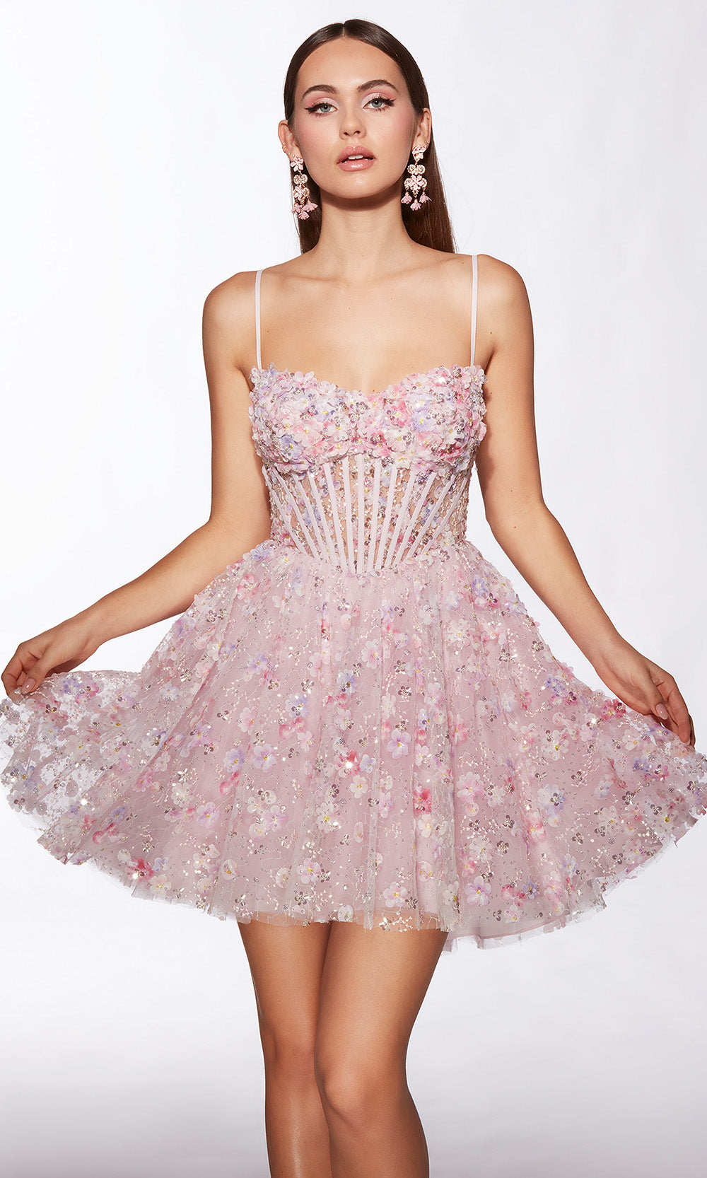 Alyce Paris 30003 - Short 3-D Flower/Sequins A-Line Dress - Colorful 3D Floral Applique, Sequin, Sheer Corset Bodice, Spaghetti Straps, Lace-Up Back Alyce Paris 30003 - Short 3-D Flower/Sequins A-Line Dress - Colorful 3D Floral Applique, Sequin, Sheer Corset Bodice, Spaghetti Straps, Lace-Up Back