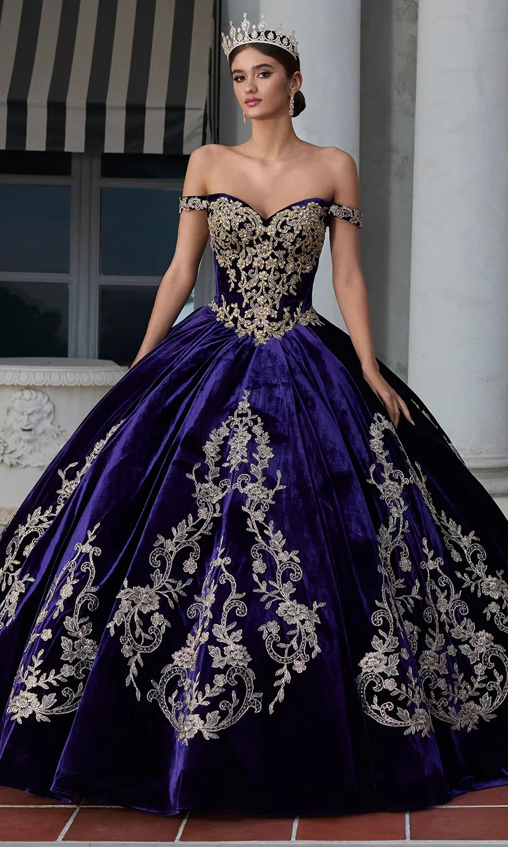 Ashley Lauren 30110 - Long Velvet Ballgown Dress - Metallic Floral Embroidery, Sequin, Removable Off-Shoulder Straps, Gloves, Bolero Jacket, Lace-Up Ashley Lauren 30110 - Long Velvet Ballgown Dress - Metallic Floral Embroidery, Sequin, Removable Off-Shoulder Straps, Gloves, Bolero Jacket, Lace-Up