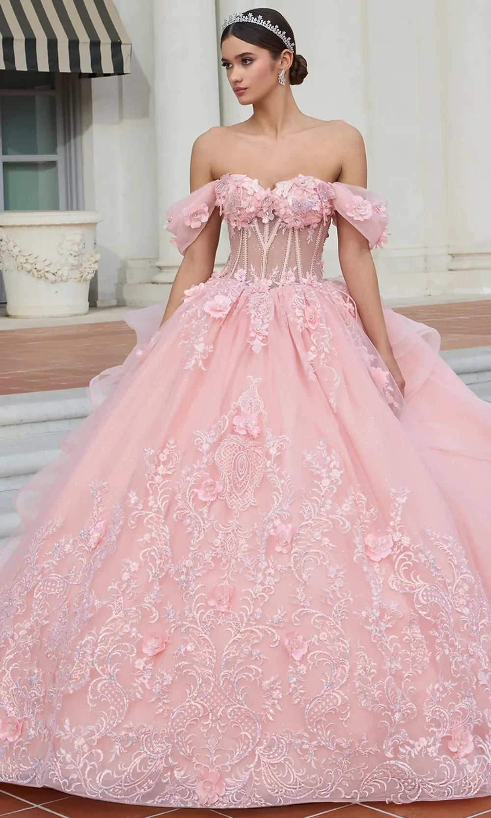 Ashley Lauren 30121 - Long Tulle Ballgown Dress - 3D Floral Appliques, Sequin, Embroidery, Illusion Boned Bodice, Off Shoulder Sleeves, Back Ruffle Details ADASA Ashley Lauren 30121 - Long Tulle Ballgown Dress - 3D Floral Appliques, Sequin, Embroidery, Illusion Boned Bodice, Off Shoulder Sleeves, Back Ruffle Details ADASA