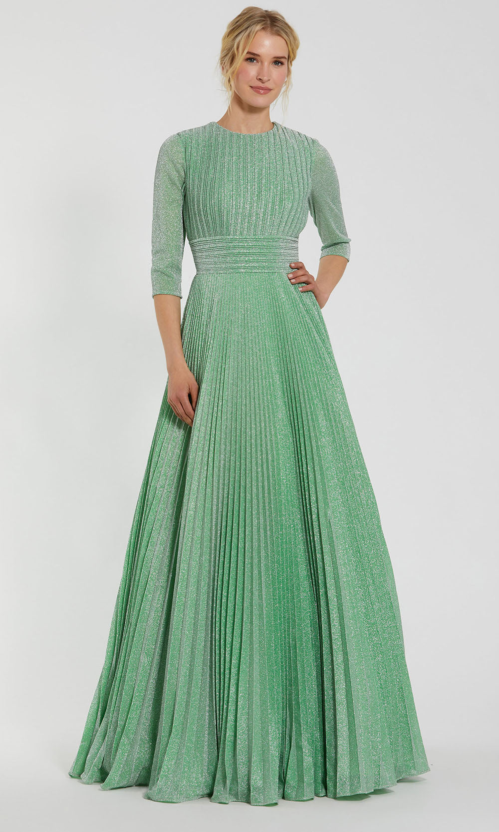 Green Pleated Shimmering 3/4 Sleeve Gown- Mac Duggal Sage / US 6