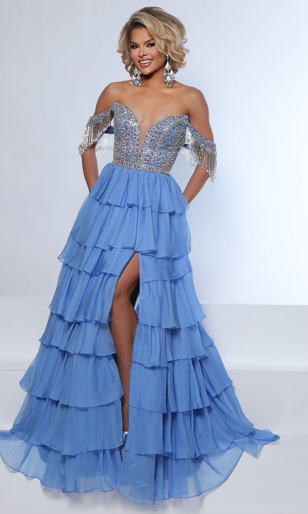 Johnathan Kayne 3143 - Long Poly Chiffon, Satin Lining, Mesh A-Line Dress - Detachable Off-Shoulder Fringe Sleeves, Beaded Corset Bodice, Tiered Skirt Johnathan Kayne 3143 - Long Poly Chiffon, Satin Lining, Mesh A-Line Dress - Detachable Off-Shoulder Fringe Sleeves, Beaded Corset Bodice, Tiered Skirt