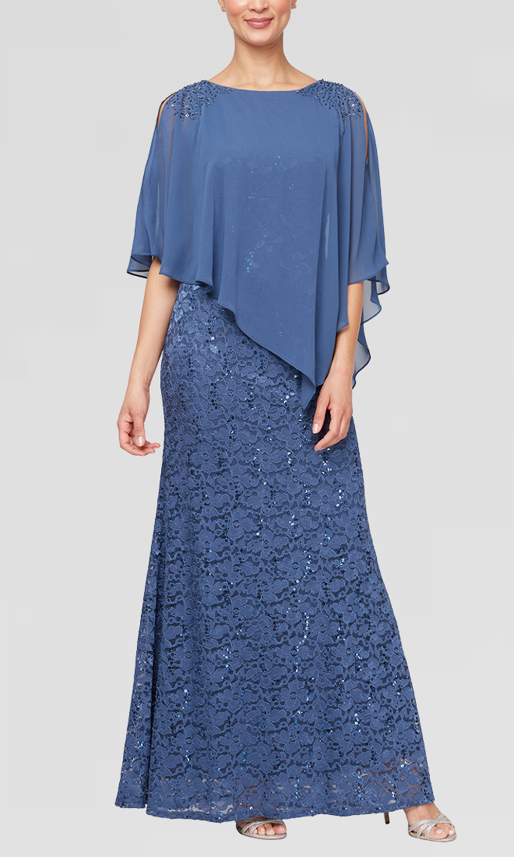 Sl Fashions Women's Sequin Lace Chiffon Caplet Gown - Wedgewood